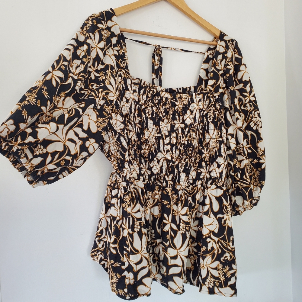 AVA & VIV 3X Black Rust White Floral Square Neck Top Puff 3/4 Sleeves Smocked